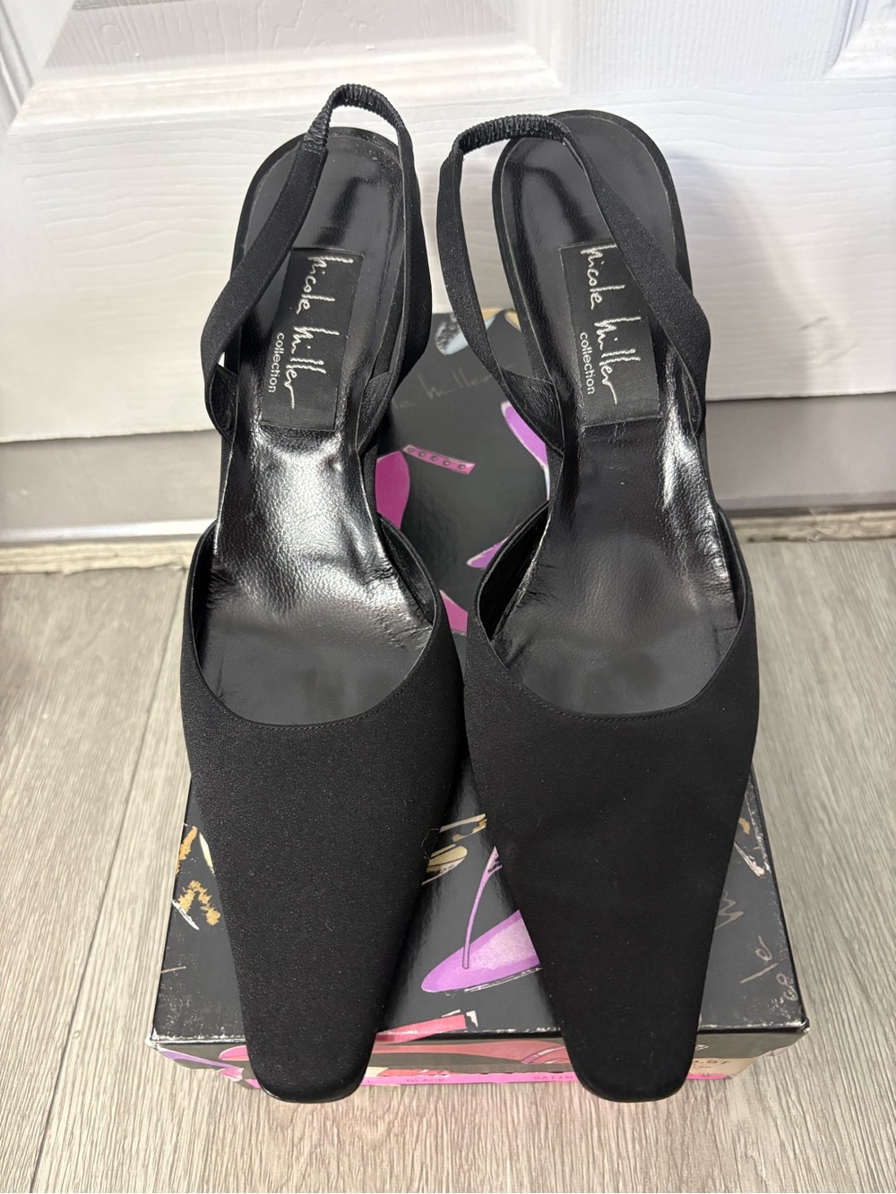 Nicole Miller Black Pointed Slingback Pumps with Elastic Strap